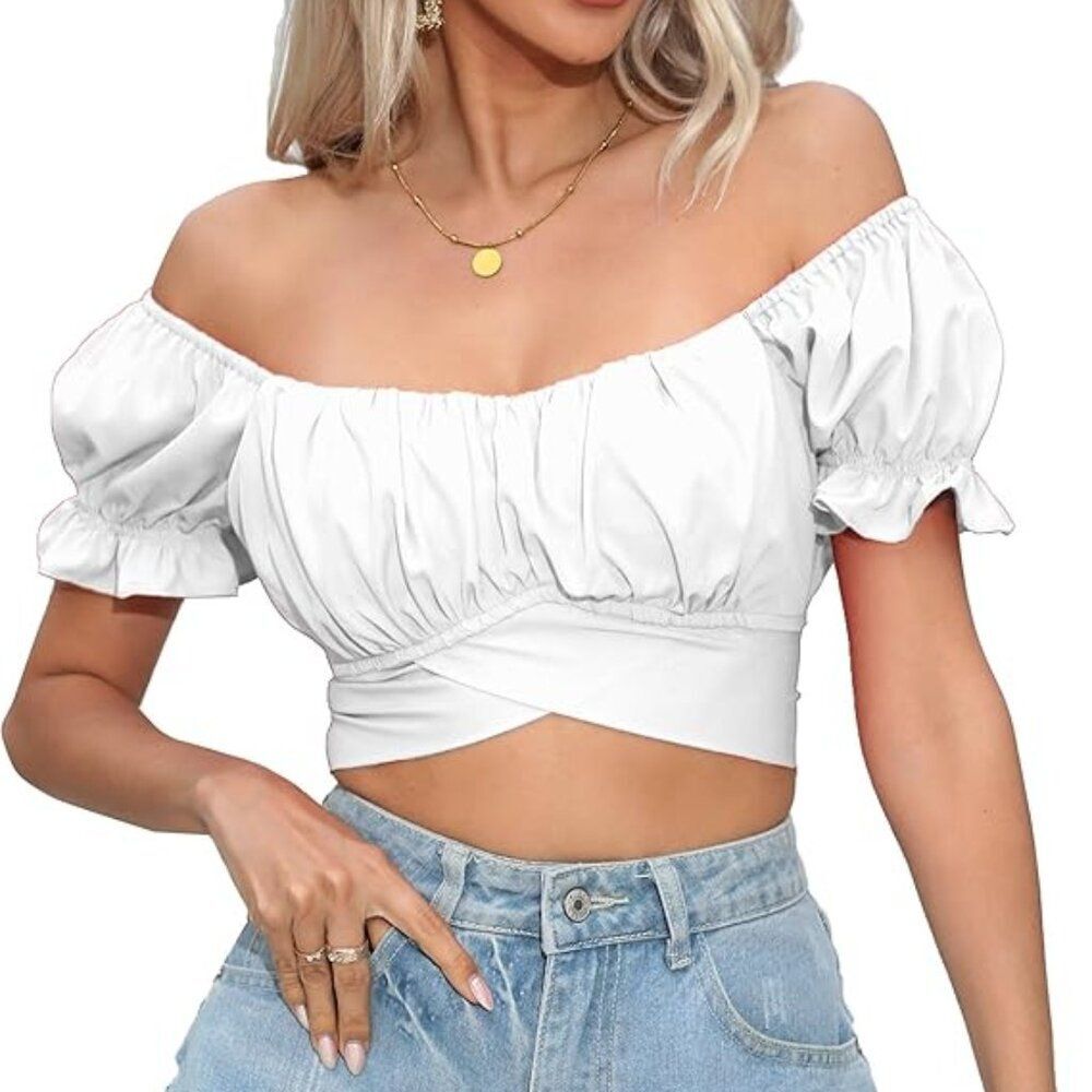 Y2K Ruffle Trim Strapless Crop Top – White